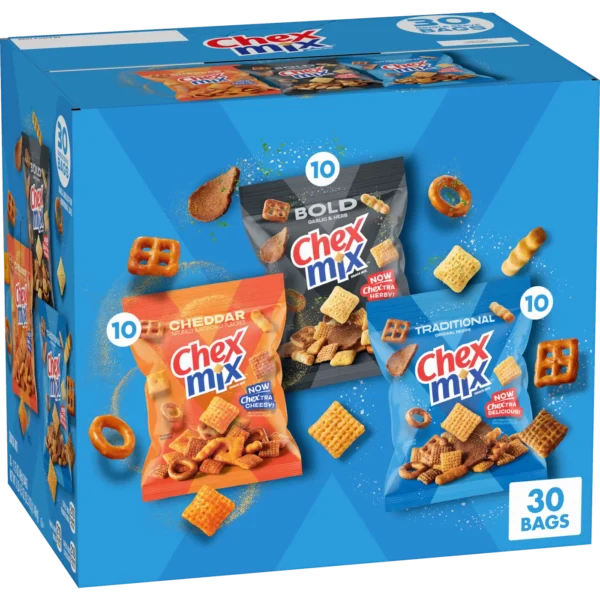 chex mix classics cheddar traditional bold 30 bags variety pack